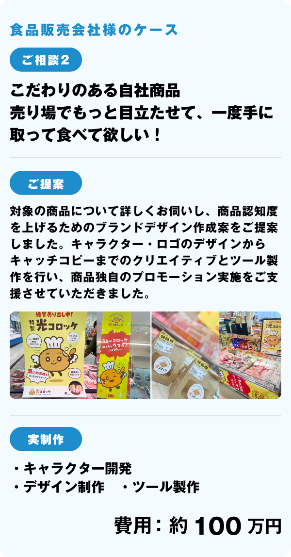 食品販売会社様のケース ご相談2 こだわりのある自社商品売り場でもっと目立たせて、一度手に取って食べて欲しい！ ご提案 対象の商品について詳しくお伺い、ブランドデザインからご提案。キャラクター・ロゴのデザインからキャッチコピーまでのクリエイティブとツール制作を行い、商品独自の店頭プロモーションをご提案。 実制作 ・パース画作成・アイテム提案・アイテム制作・設営＆撤去 費用：約00万円