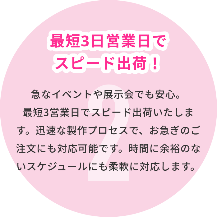 2 最短3日営業日でスピード出荷！ 急なイベントや展示会でも安心。最短3営業日でスピード出荷いたします。迅速な製作プロセスで、お急ぎのご注文にも対応可能です。時間に余裕のないスケジュールにも柔軟に対応します。