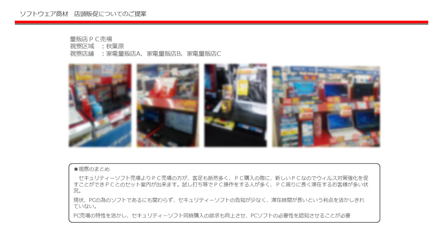 ソフトウェア商材 店頭販促についてのご提案 量販店PC売場 視察区域：秋葉原 視察店舗：家電量販店A、家電量販店B、家電量販店C ■視察のまとめ セキュリティーソフト売場よりPC売場の方が、客足も断然多く、PC購入の際に、新しいPCなのでウィルス対策強化を促すことができPCとのセット案内が出来ます。試し打ち等でPC操作をする人が多く、PC周りに長く滞在するお客様が多い状況。現状、PCの為のソフトであるにも関わらず、セキュリティーソフトの告知が少なく、滞在時間が長いという利点を活かしきれていない。PC売場の特性を活かし、セキュリティーソフト同時購入の欲求も向上させ、PCソフトの必要性を認知させることが必要