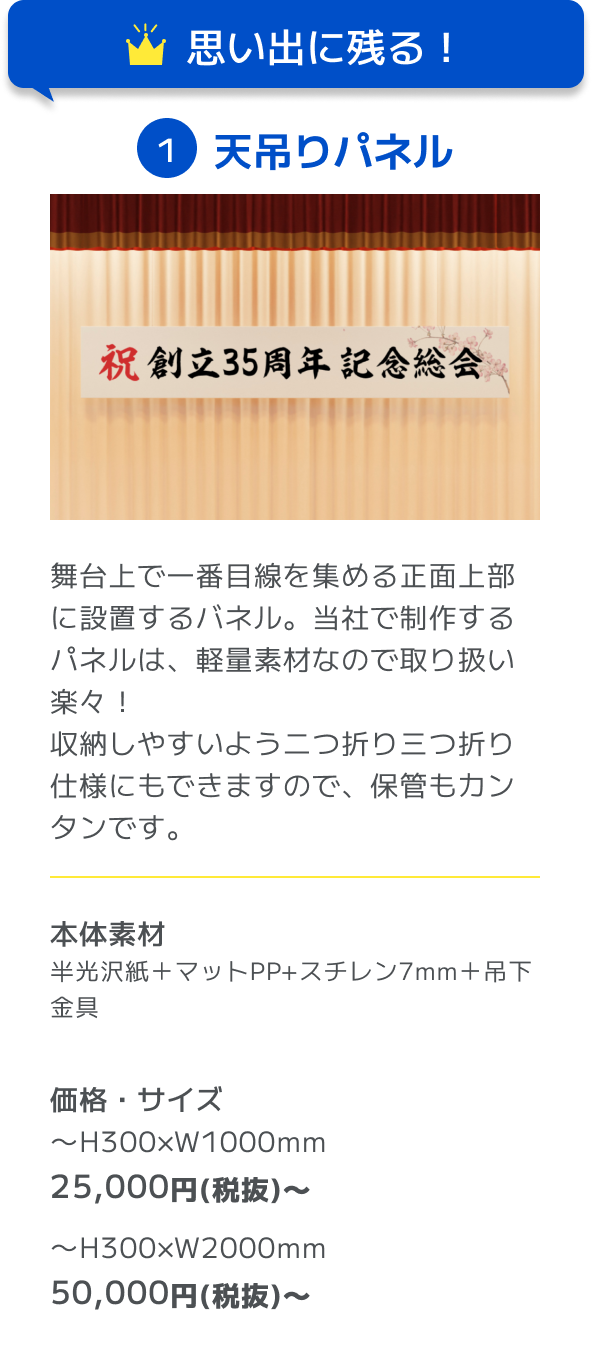 思い出に残る！ 1天吊りパネル 舞台上で一番目線を集める正面上部に設置するバネル。当社で制作するパネルは、軽量素材なので取り扱い楽々！収納しやすいよう二つ折り三つ折り仕様にもできますので、保管もカンタンです。 本体素材 半光沢紙＋マットPP+スチレン7mm＋吊下金具 価格・サイズ 〜H300×W1000mm 25,000円(税抜)〜 〜H300×W2000mm 50,000円(税抜)〜